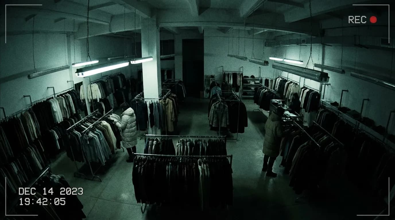 Shopping mall entrance with AI surveillance monitoring